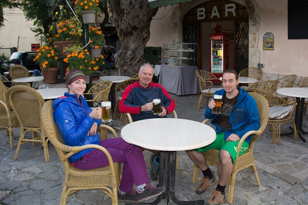 Natalie Berry, Mark Glaister and Paul Phillips relaxing with a beer after a day's crag research at S'estret on Mallorca during the work for this new guidebook